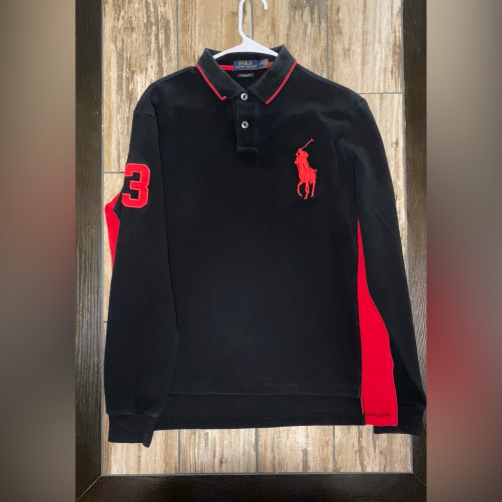 Polo Ralph Lauren Long Sleeve Big Pony Red Black Polo Shirt Men’s‎ Large